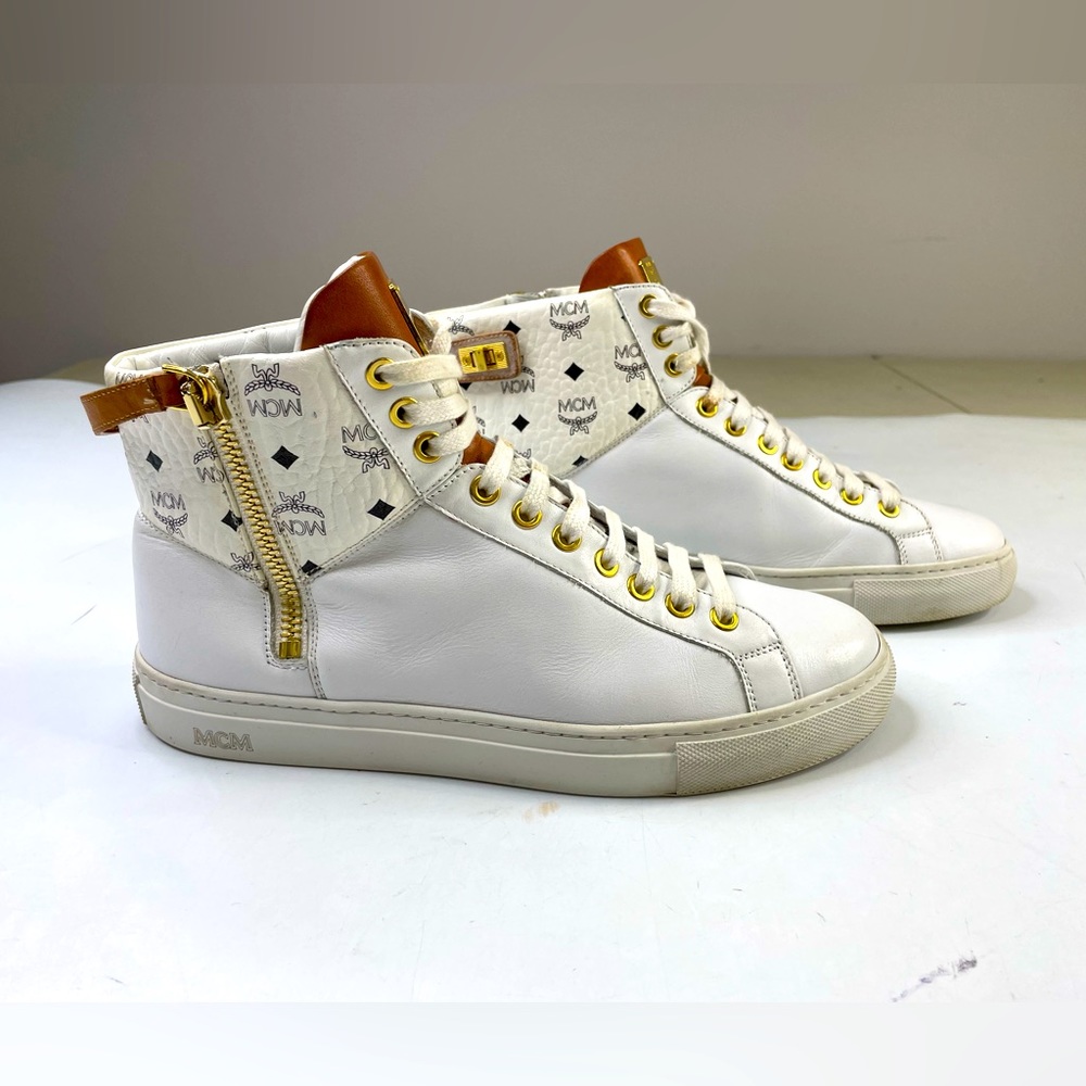 Authentic MCM High Top Zip Fashion Sneakers White Mens 40 / US7